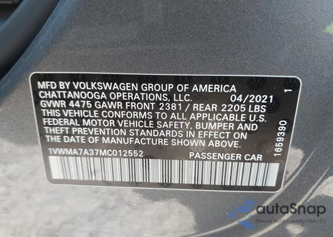 2021 Volkswagen Passat 2.0T R-Line from USA, damaged, VIN 1VWMA7A37MC012552